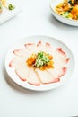 Raw fresh Hamaji fish meat sashimi in white plate