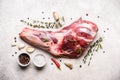 Raw fresh Lamb Meat shank and seasonings on gray concrete background Royalty Free Stock Photo