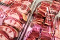 Raw fresh meat, beef or pork in supermarket. Royalty Free Stock Photo