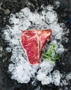 Raw fresh meat t-bone steak on chipped ice with rosemary over dark slate stone backdrop Royalty Free Stock Photo