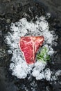 Raw fresh meat t-bone steak on chipped ice with rosemary over dark slate stone backdrop Royalty Free Stock Photo