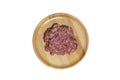 Raw fresh minced pork on a wooden plate isolated on white background with clipping path, Top view Royalty Free Stock Photo