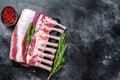 Raw fresh rack of lamb meat on marble board. Black background. Top view. Copy space Royalty Free Stock Photo