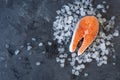 Raw fresh salmon fillets on ice cubes. Royalty Free Stock Photo