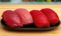 Raw fresh salmon sashimi served on black plate, Japanese food style Royalty Free Stock Photo