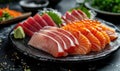 Raw fresh salmon sashimi served on black plate, Japanese food style Royalty Free Stock Photo