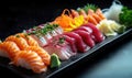 Raw fresh salmon sashimi served on black plate, Japanese food style Royalty Free Stock Photo