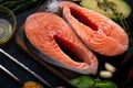 Raw fresh salmon steak with herbs, avocado, basil, lemon and garlic - ingredients for cooking Royalty Free Stock Photo