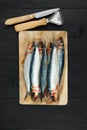 Raw fresh sardines and kitchen tools on the dark table Royalty Free Stock Photo