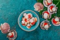 Raw fresh seafood shellfish scallops on blue background Royalty Free Stock Photo
