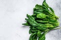 Raw fresh spinach leaves on a stone table. White background. Top view. Copy space Royalty Free Stock Photo