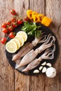 Raw fresh squid close-up and vegetable for cooking on a slate bo Royalty Free Stock Photo