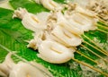 Top view of raw Fresh squid skewered on a sharp stick ready to be grilled, focus selective Royalty Free Stock Photo