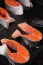 Raw, fresh trout steaks on a baking sheet with vegetable oil. Raw trout, red fish. Cooking trout in the oven at home as a healthy Royalty Free Stock Photo