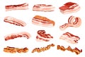 Raw and fried pieces of bacon collection vector isometric illustration fresh slices of meat steak