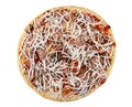 Frozen pizza with sausage, tomato and cheese isolated on white. Top view Royalty Free Stock Photo