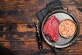 Raw Game meat of Venison dear, meat steak. Wooden background. Top view. Copy space