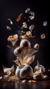 Raw Garlic Bulb Barley Seeds Creatively Falling-Dripping Flying or Splashing on Black Background Generative AI Royalty Free Stock Photo