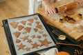 Raw gingerbread cookies in festive shapes on baking tray on rustic table with holiday decorations. Woman making christmas Royalty Free Stock Photo