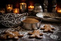 raw gingerbread dough next to metal cookie cutters Royalty Free Stock Photo
