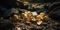 Raw gold pieces in the nature, an yellow precious metal, mineral raw material concept