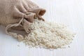 Raw grain white rice grains in burlap bag Royalty Free Stock Photo