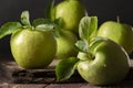 Raw Granny Smith apples. Green fresh fruits on dark background Royalty Free Stock Photo