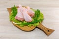 Raw, greasy, chicken thighs on a lettuce leaf. Board for cutting chicken.
