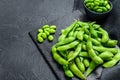 Raw Green edamame soybeans. Black background. Top view. Copy space