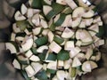 Raw green mango cut pieces for making pickles Royalty Free Stock Photo