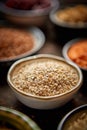 Raw groats seeds in ceramic bowl. Selective focus Royalty Free Stock Photo