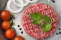 Raw Ground beef meat Burger steak cutlets in a cast iron pan. Cutlet for burger with vegetables and spices Royalty Free Stock Photo