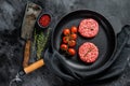 Raw Ground beef meat Burger steak cutlets in a pan. Black background. Top view Royalty Free Stock Photo