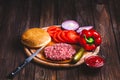 Raw Ground beef meat Burger steak cutlets with seasoning, cheese Royalty Free Stock Photo