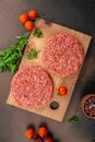 Raw Ground beef meat Burger steak cutlets on a wooden board, Food recipe background. Close up Royalty Free Stock Photo