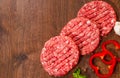 Raw Ground beef meat Burger steak on wooden table with copy space. top view Royalty Free Stock Photo