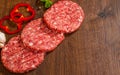 Raw Ground beef meat Burger steak on wooden table with copy space. top view Royalty Free Stock Photo