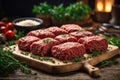 Raw ground beef ready to be cooked on a wooden board with herbs. ai generative Royalty Free Stock Photo