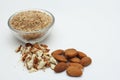 Raw whole, crushed and ground almonds. Royalty Free Stock Photo