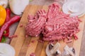 Raw ground pork and fresh vegetables on the board Royalty Free Stock Photo