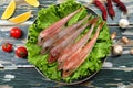 Raw gurnard fish in plate with green salad Royalty Free Stock Photo