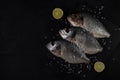 raw gutted fish lies on a stone cutting board with coarse salt and lemon. sea bream on a black background. top view with copy
