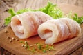 Raw hake fish fillet rolls