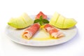 Raw ham and yellow melon Royalty Free Stock Photo