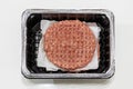 Raw hamburger mince patty in plastic pack, packaged food, fast foods. ready packaged foods sale