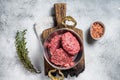 Raw Hamburger patty, groud beef Meat, uncooked meat cutlets. White background. Top view