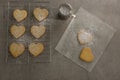 Raw heart shape cookies on baking tray with flour shaker strainer and wax paper Royalty Free Stock Photo