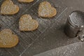 Raw heart shape cookies with sugar icing on baking tray Royalty Free Stock Photo