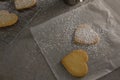 Raw heart shape cookies with sugar icing on wax paper Royalty Free Stock Photo