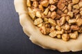 Raw homemade apple pie with cinnamon and walnuts, closeup Royalty Free Stock Photo